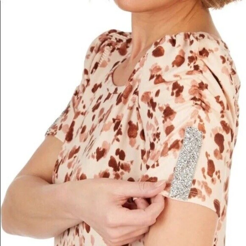 NWT Como Blu Knit Top Animal Print Plus 2X Short Sleeves Rhinestone Stretch - Picture 3 of 13